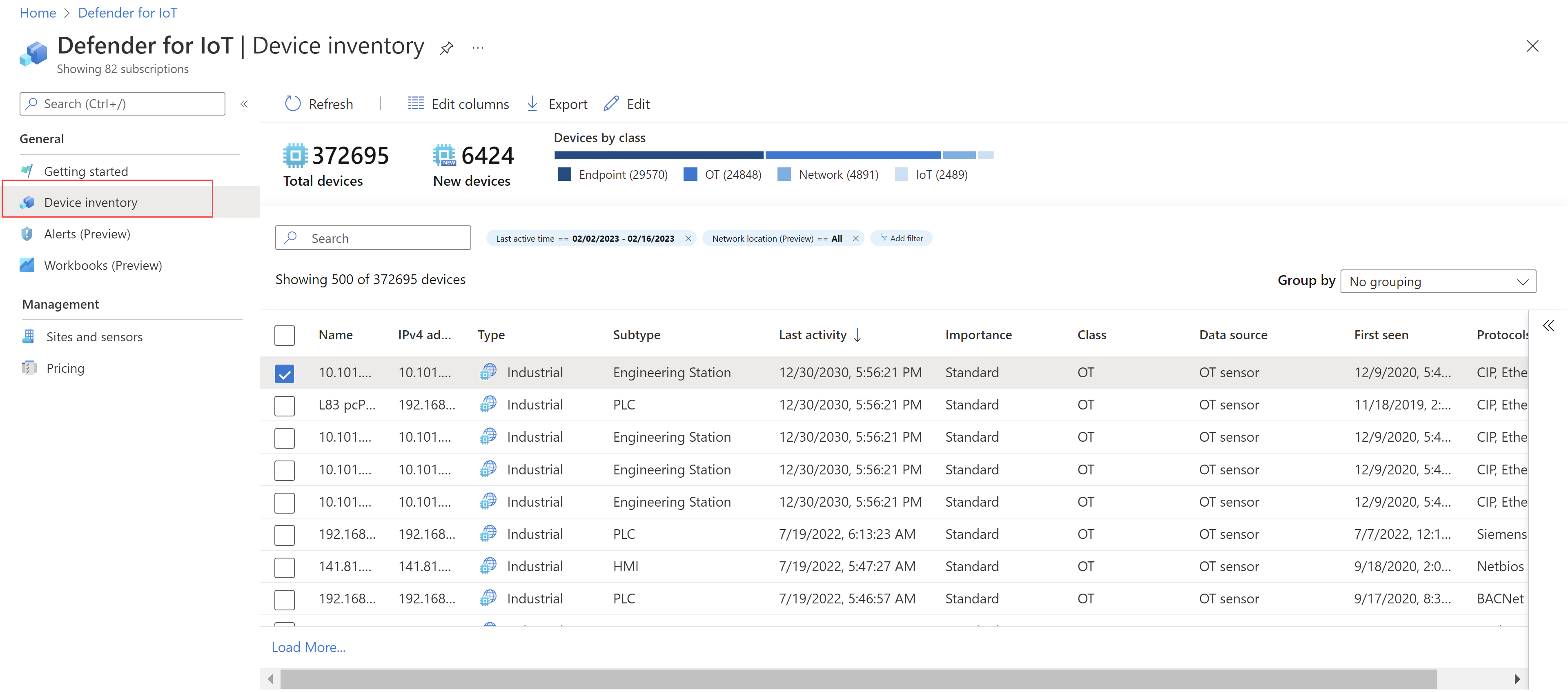 Screenshot of the Device inventory page in the Azure portal.