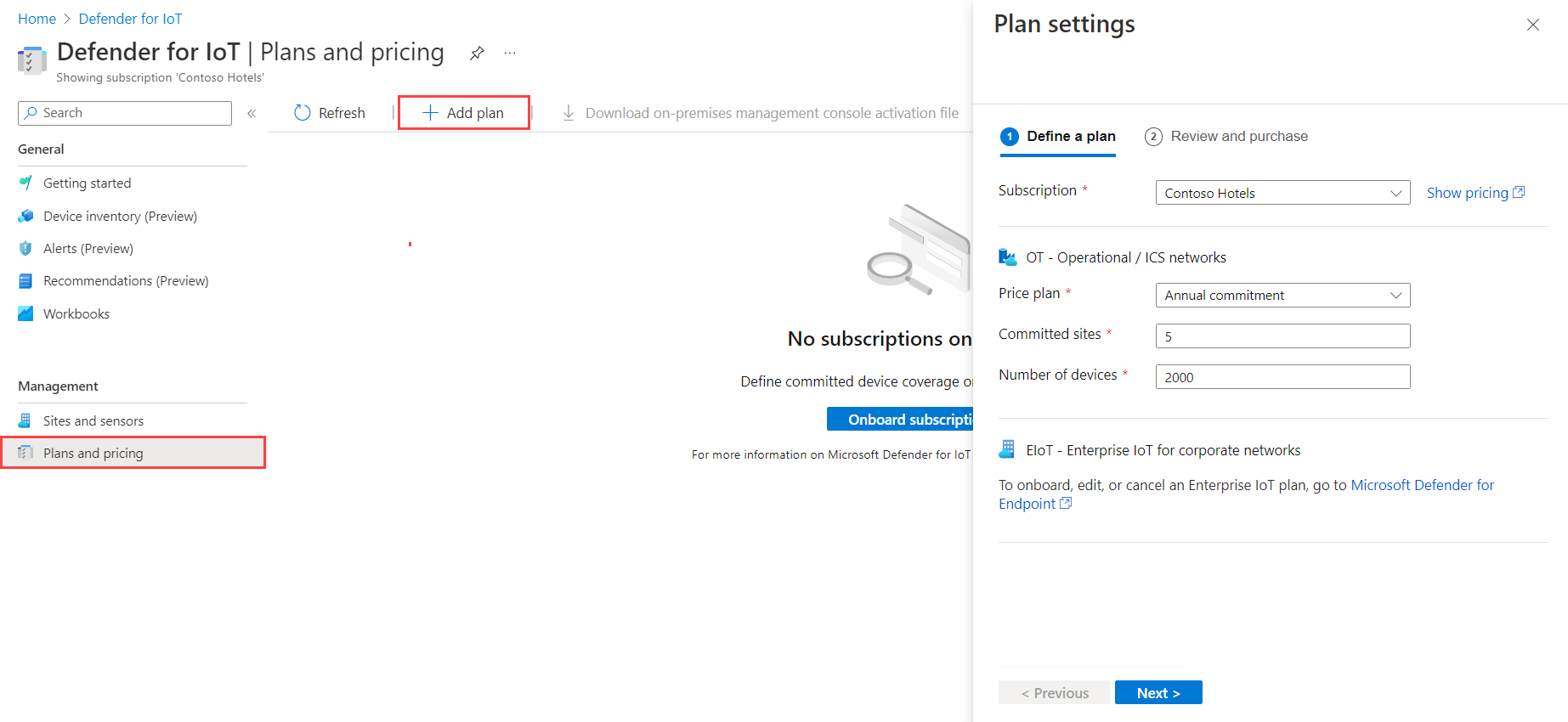 Screenshot of the plan settings pane to add or edit a plan for OT networks.
