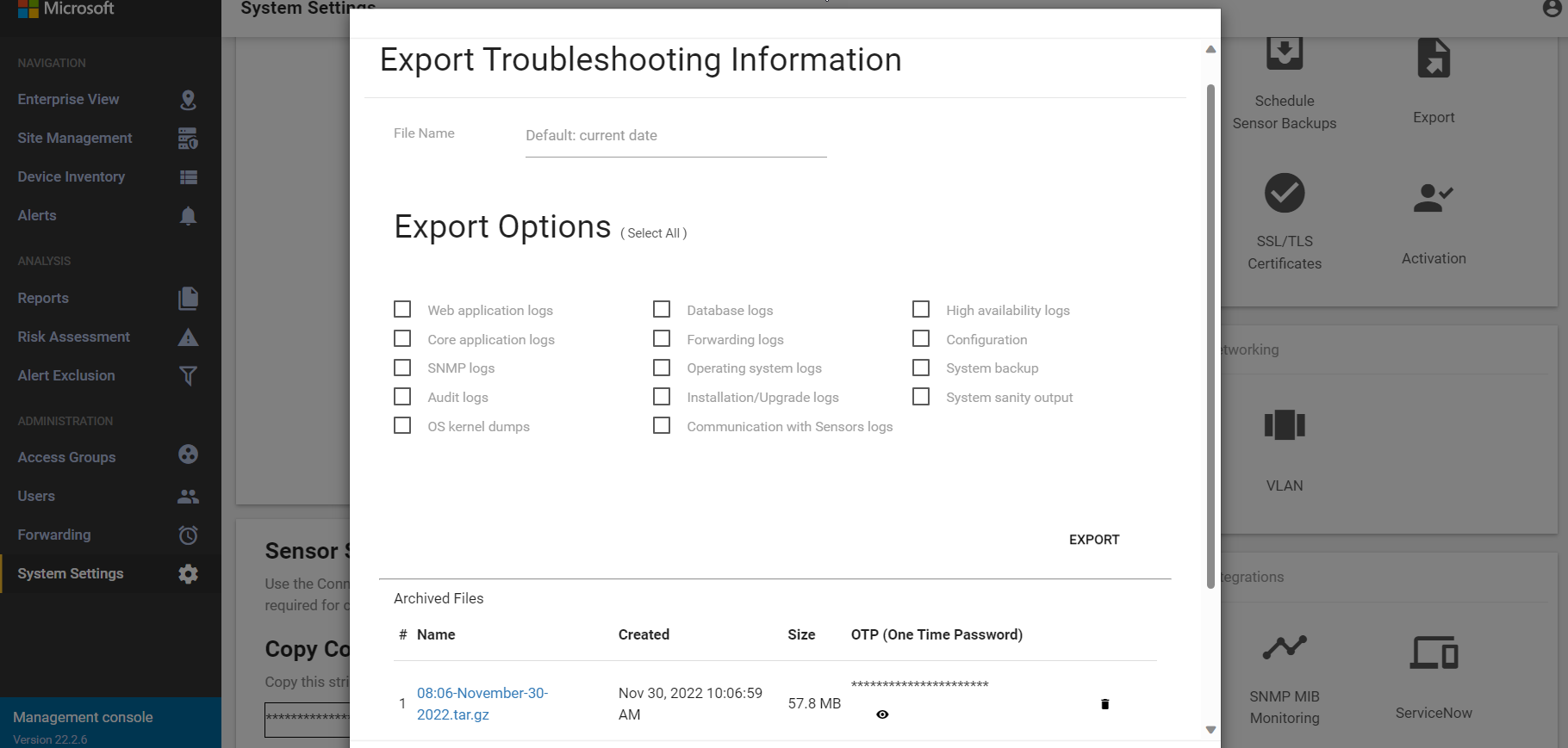 Screenshot of the Export Troubleshooting Information dialog in the on-premises management console.