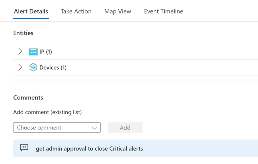 Screenshot of alert comments added to the alert details section of the Alert dialog box.