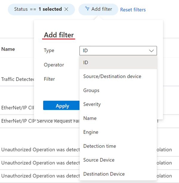 Screenshot of Alert filter options.