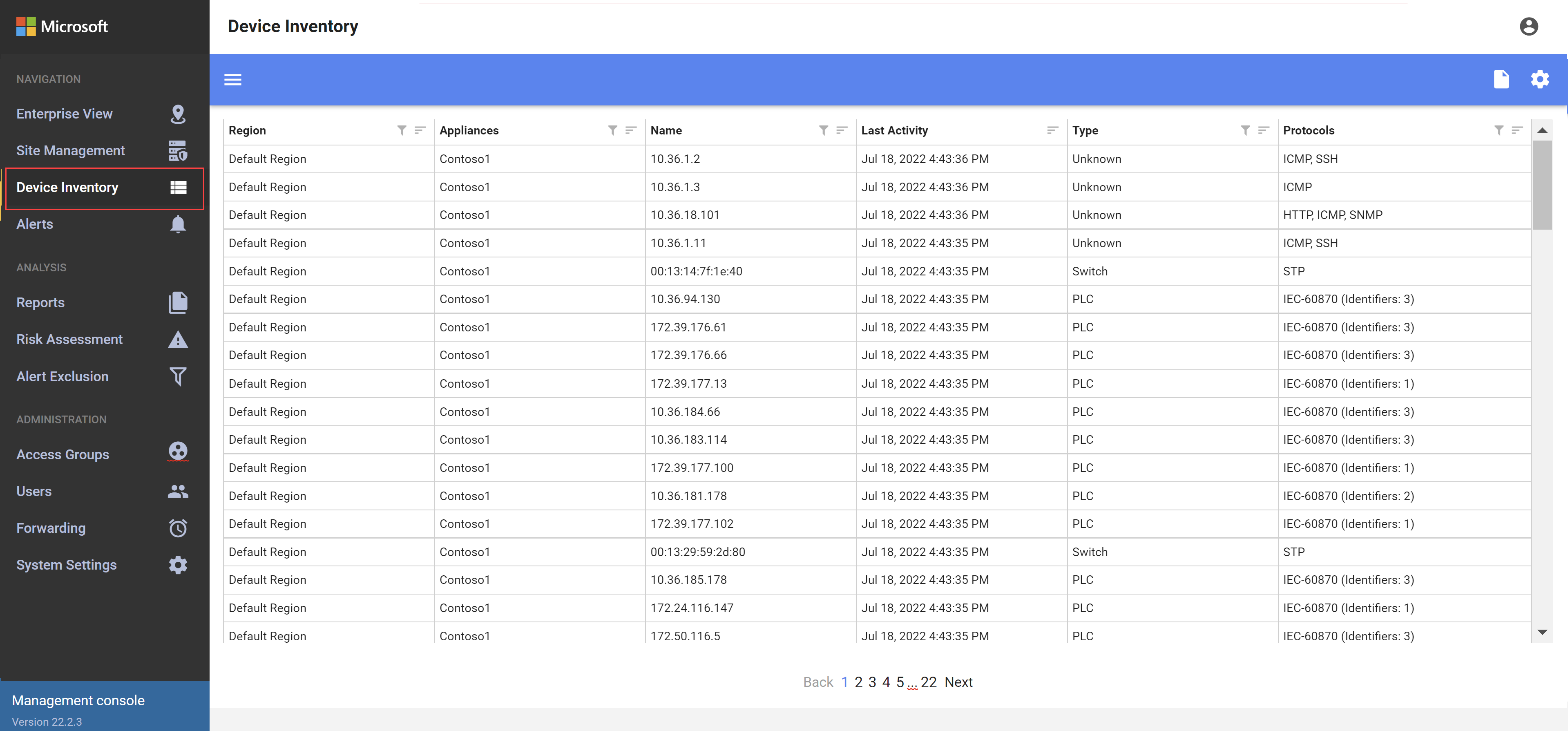 Screenshot of the on-premises management console Device Inventory page.