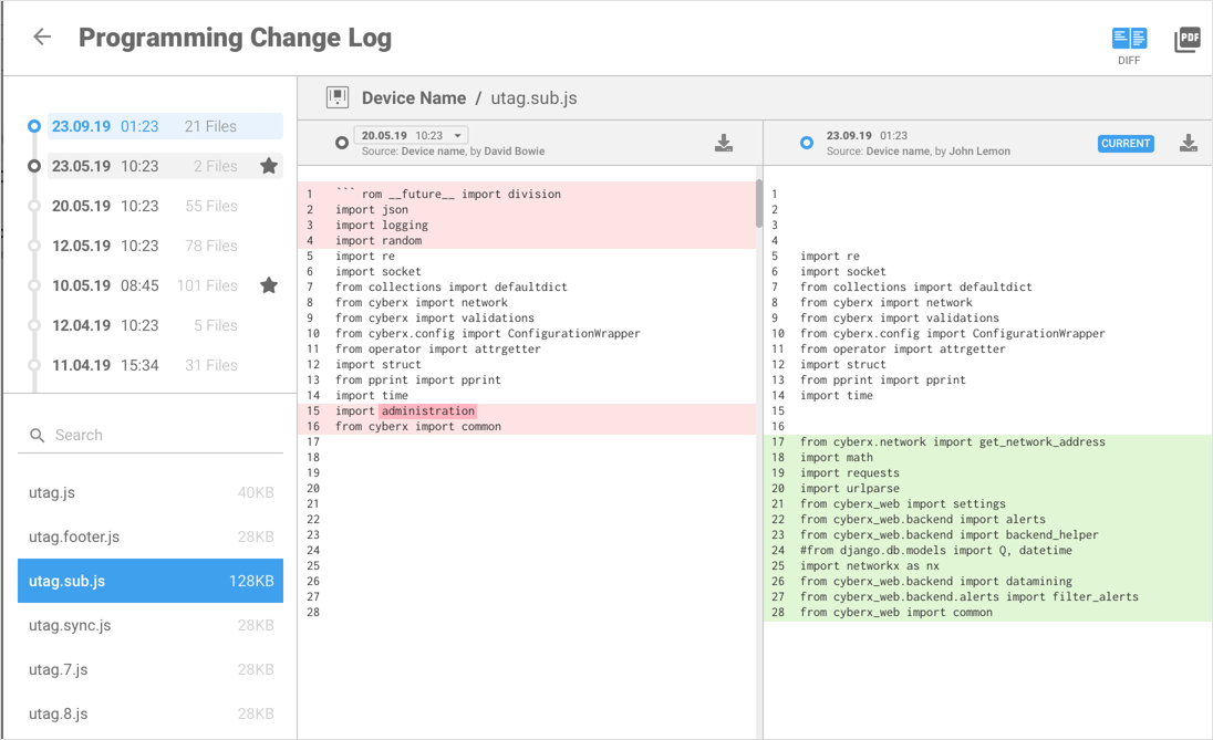 Screenshot of a Programming Change Log