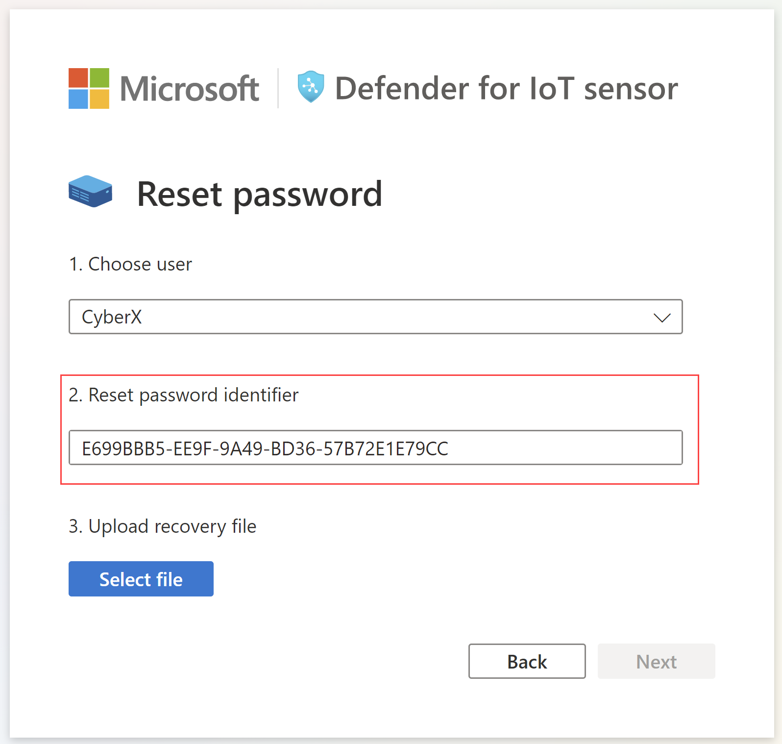 Screenshot of the Reset password dialog on the OT sensor.