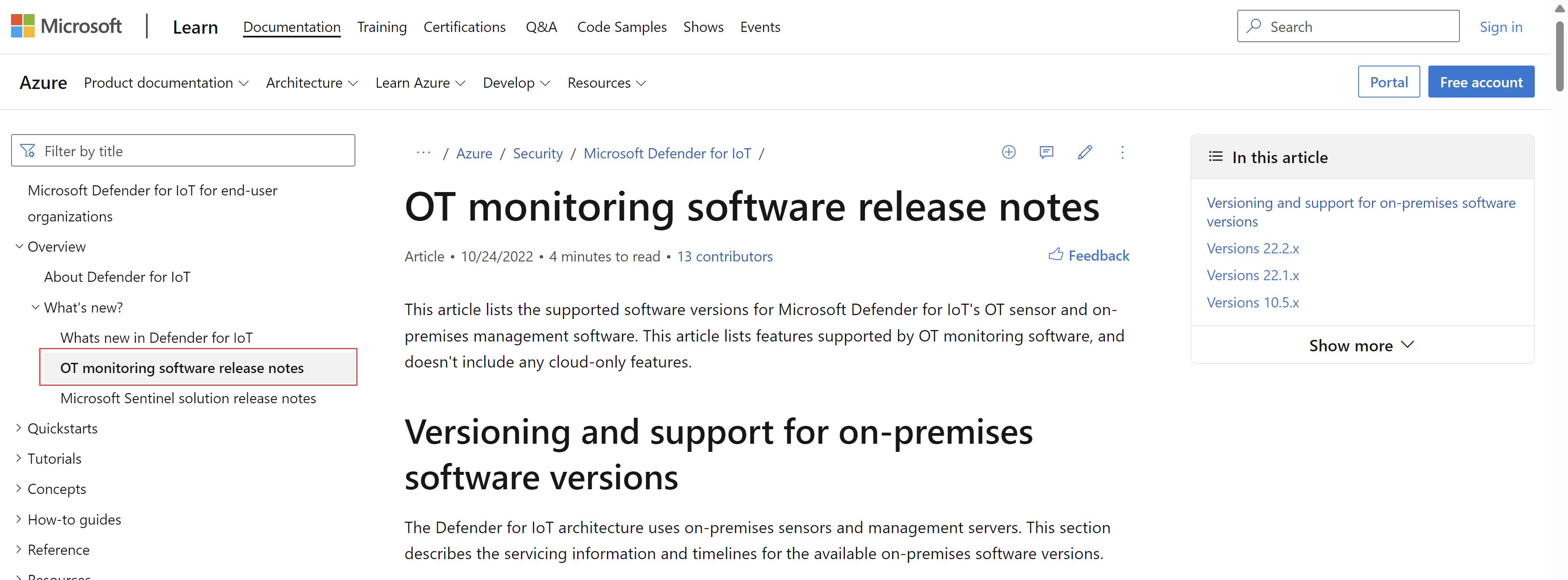 Screenshot of the new OT monitoring software release notes page in docs.