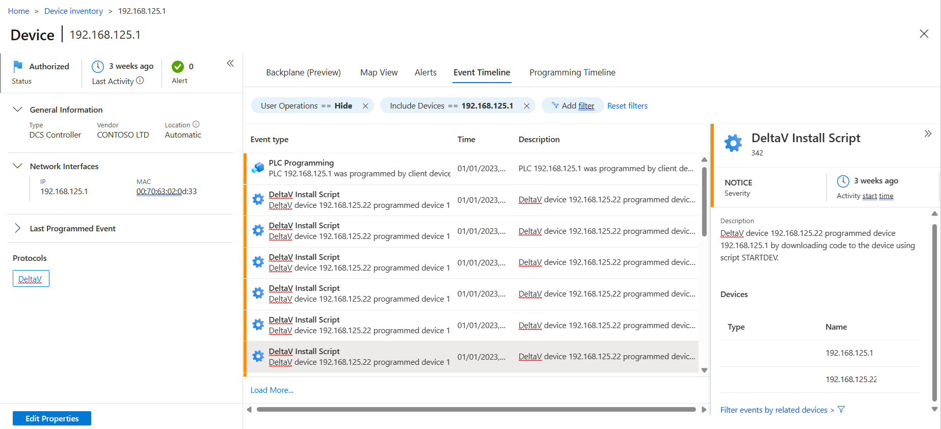 Screenshot of event timeline tab in device properties page.