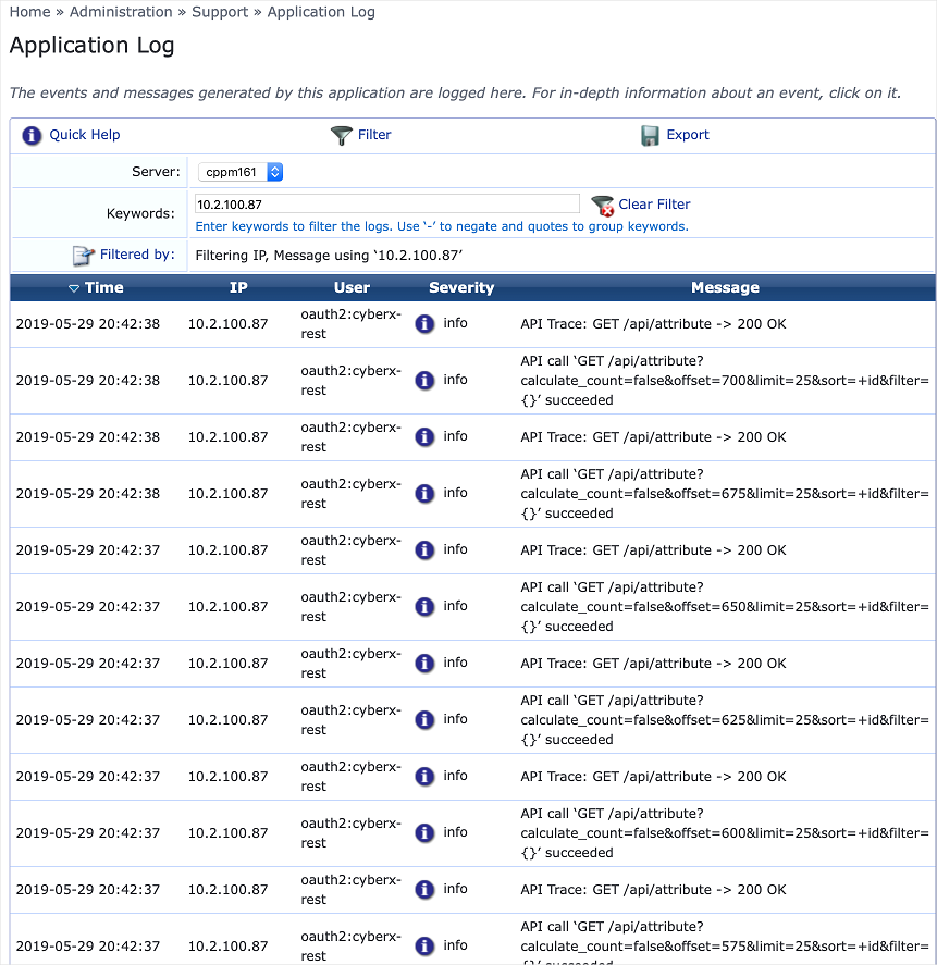 Screenshot of API logs between Defender for IoT and ClearPass.