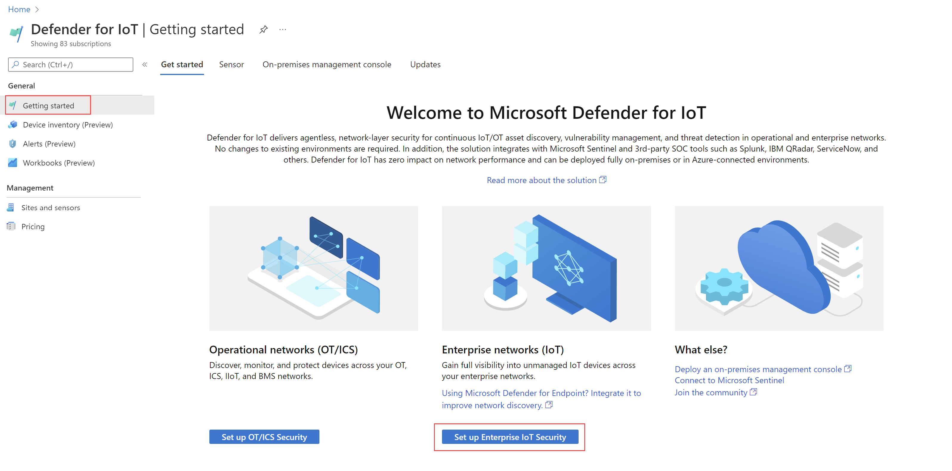 Screenshot of the Getting started page for Enterprise IoT security.