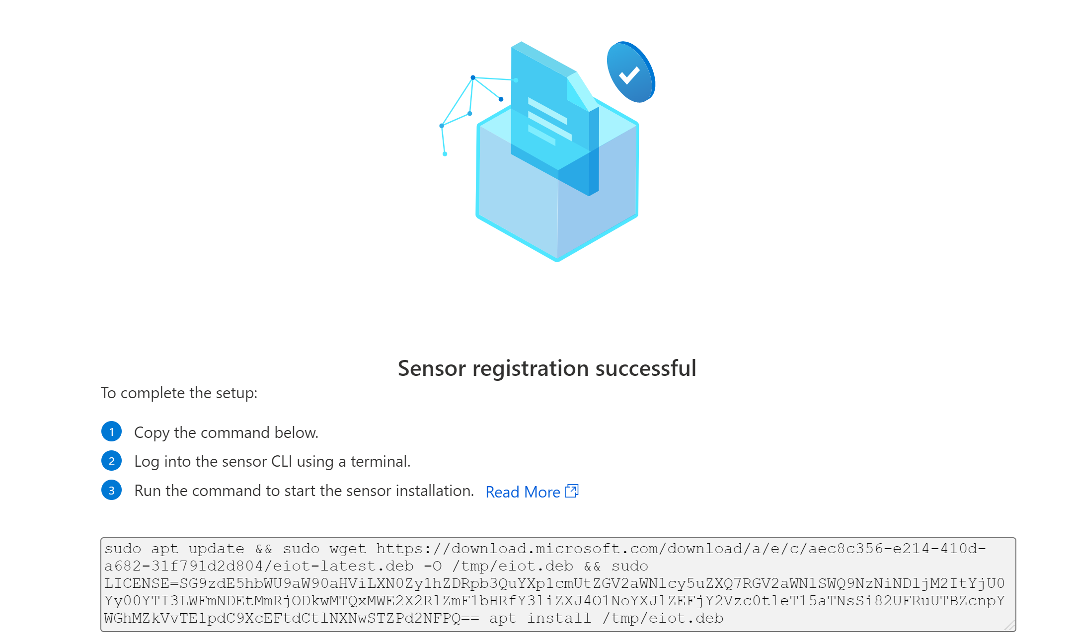 Screenshot of the successful registration of an Enterprise IoT sensor.