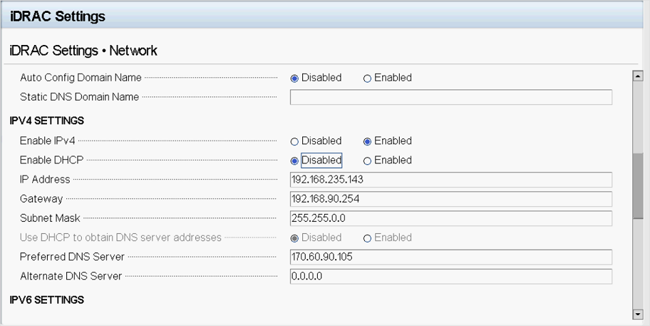 Screenshot that shows the static subnet mask in iDRAC settings.