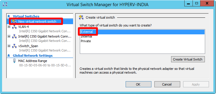 Screenshot of selecting new virtual network and external before creating the virtual switch.