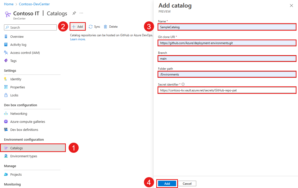 Screenshot that shows how to add a catalog to a dev center.