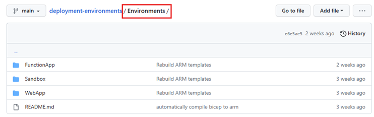 Screenshot showing Environments sample folder in GitHub.
