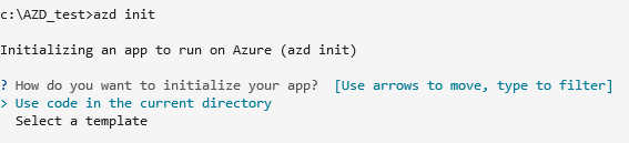 Screenshot showing the az init command and the prompt How do you want to initialize your app.