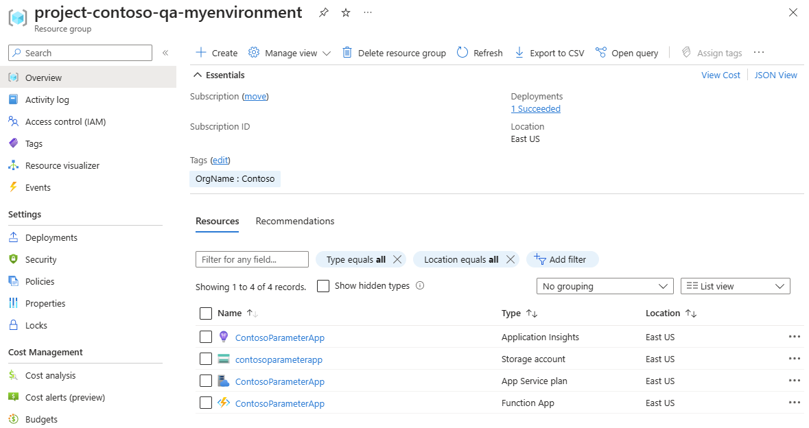 Screenshot showing environment resources in the Azure portal.