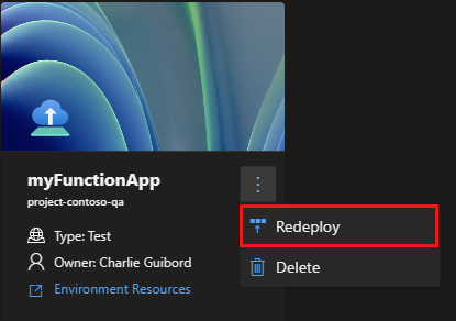 Screenshot showing an environment tile with the options menu expanded and the redeploy option selected.