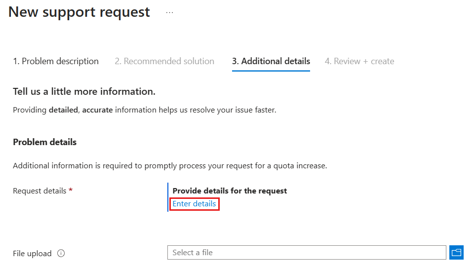 Screenshot of the New support request page, highlighting Enter details.