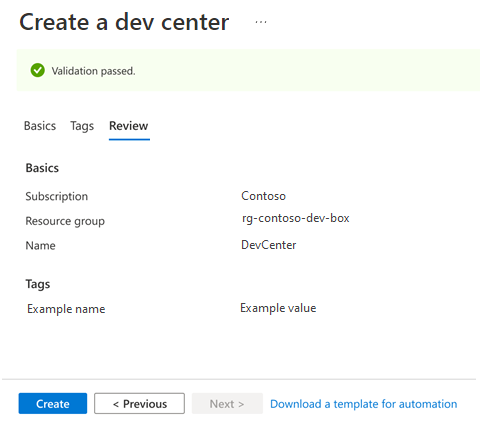 Screenshot that shows the Review tab of a dev center to validate the deployment details.