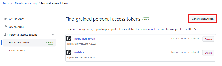Screenshot showing the GitHub Fine-grained personal access tokens page with Generate new token highlighted.