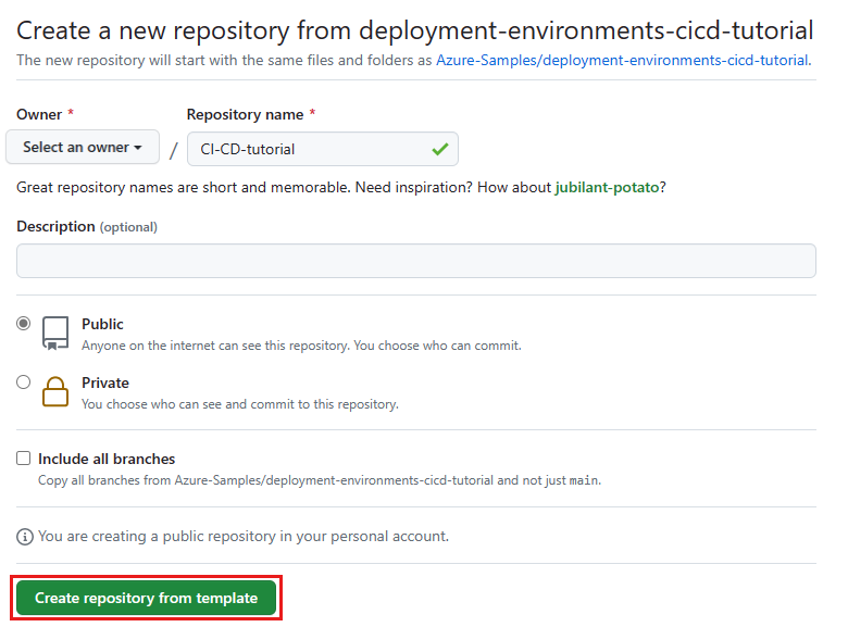 Screenshot showing the GitHub create repository from template page.