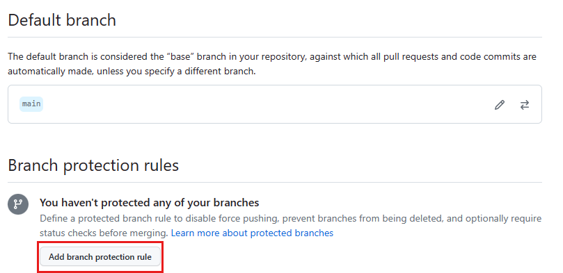 Screenshot showing the branch protection rule page, with Add branch protection rule highlighted. 