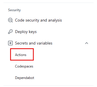 Screenshot showing the Security section of the sidebar with Actions highlighted.