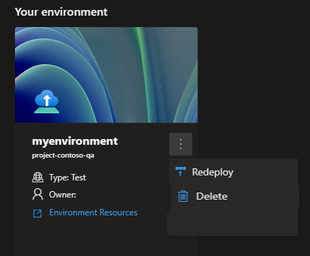 Screenshot that shows options for managing an environment.