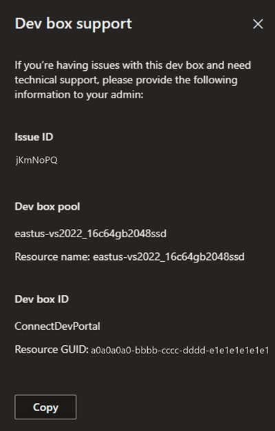 Screenshot showing the support panel in the developer portal.