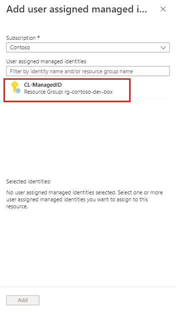 Screenshot showing the Add user assigned managed identity pane, with the managed ID highlighted.