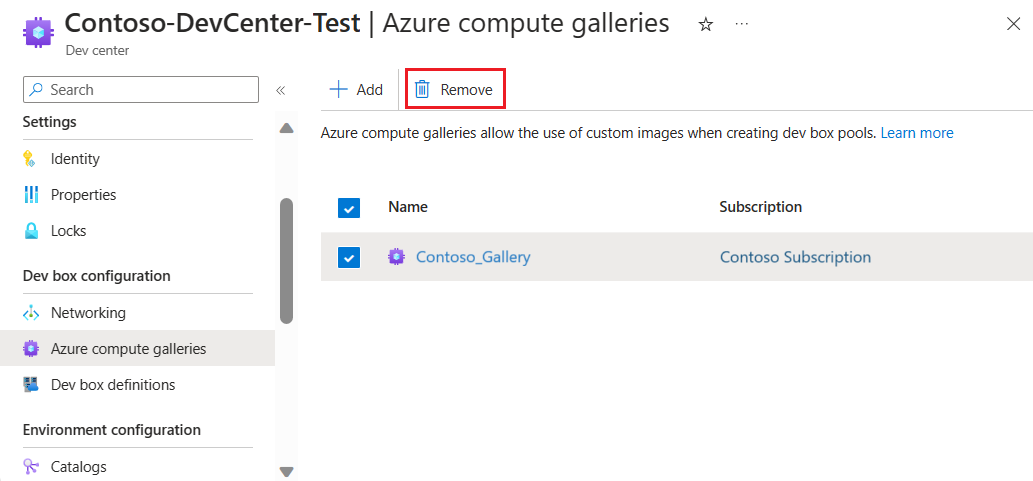Screenshot showing the Azure compute galleries page with a gallery selected and the Remove button highlighted.
