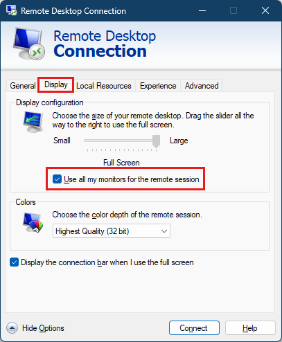 Screenshot of the Remote Desktop Connection Display tab and Use all my monitors for the current session highlighted.