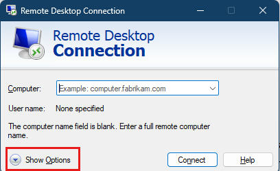 Screenshot of the Remote Desktop Connection dialog box with Show options highlighted.