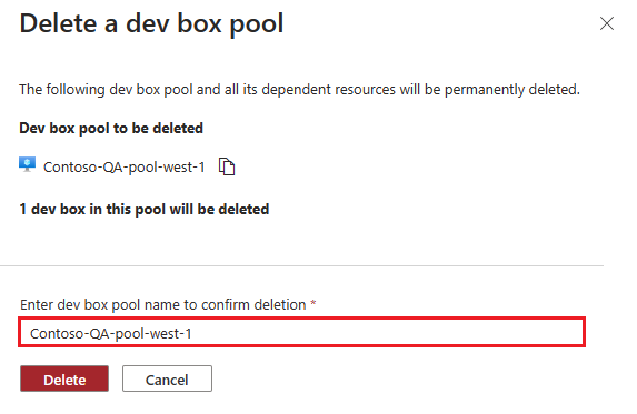 Screenshot of the confirmation message for deleting a dev box pool.