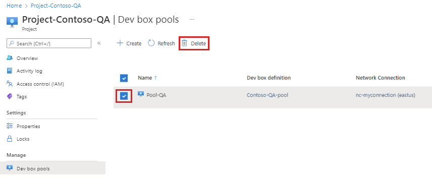 Screenshot of a selected dev box pool in the list of dev box pools, along with the Delete button.
