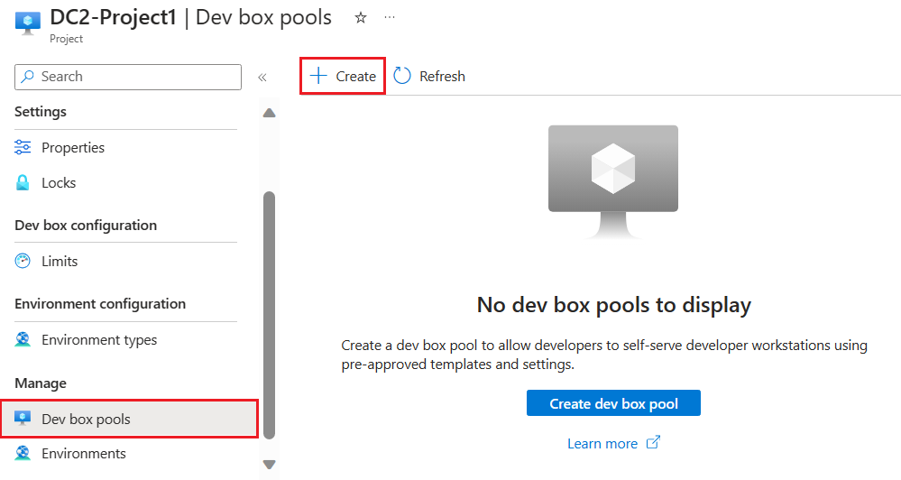 Screenshot of the empty list of dev box pools within a project, along with the Create button.