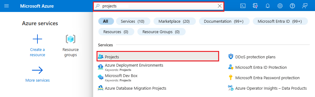 Screenshot that shows a search for projects from the Azure portal search box.