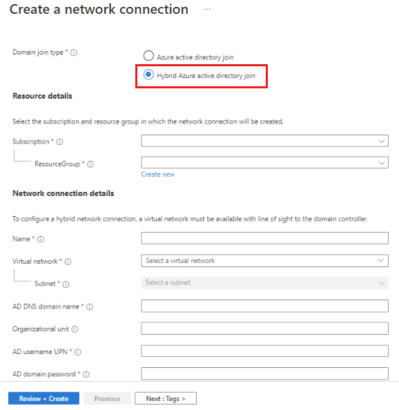 Screenshot that shows the Basics tab on the pane for creating a network connection, with the option for hybrid Azure Active Directory join selected.