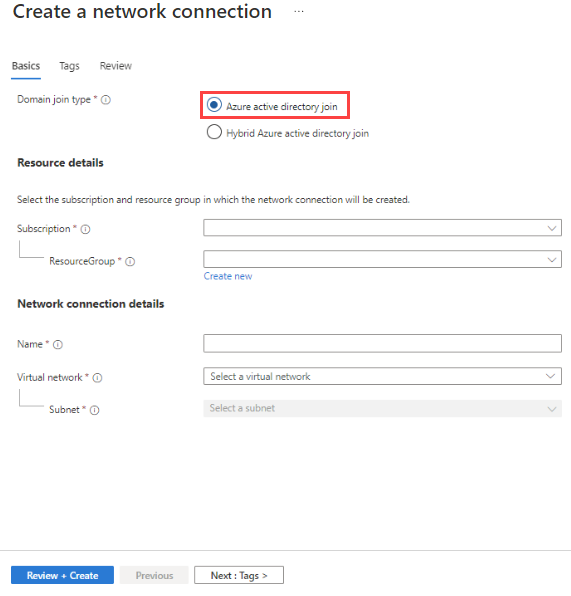Screenshot that shows the Basics tab on the pane for creating a network connection, with the option for Azure Active Directory join selected.