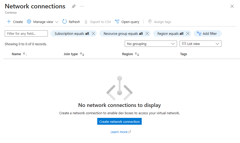 Screenshot that shows the Create button on the page for network connections.
