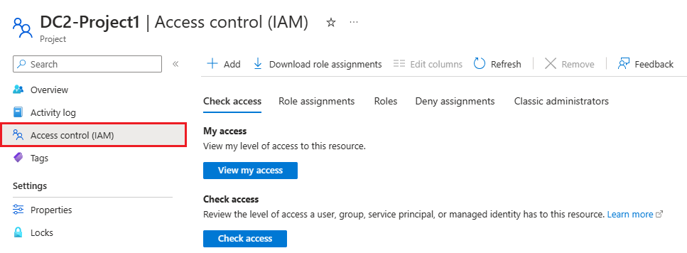 Screenshot that shows the access control page for a project.