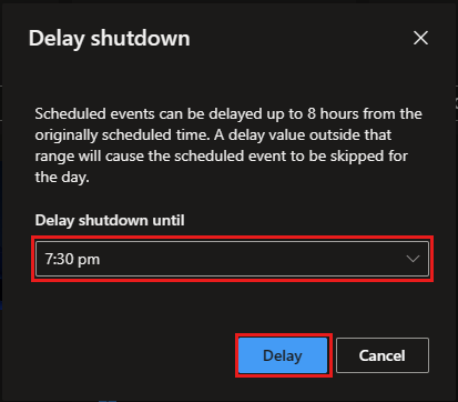 Screenshot showing the options available for delaying the scheduled shutdown.
