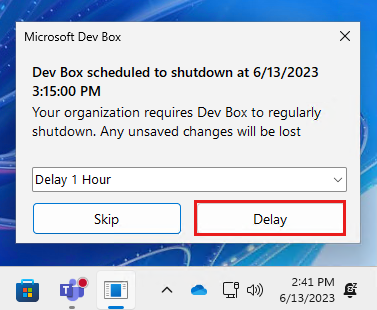 Screenshot showing the shutdown notification with Delay highlighted.