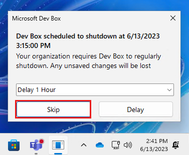 Screenshot showing the shutdown notification with Skip highlighted.