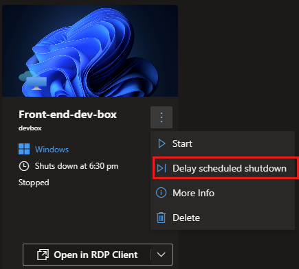 Screenshot showing the dev box tile, more options menu, with Delay scheduled shutdown highlighted.