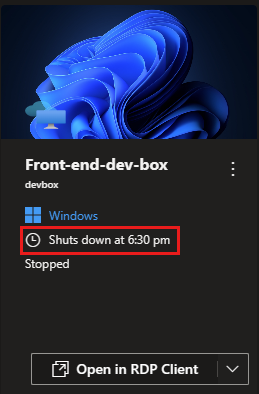 Screenshot showing the dev box tile, with the shutdown time highlighted. In this example, the shutdown time is 6.30 P M.