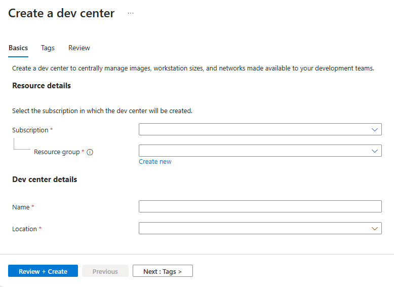 Screenshot that shows the Basics tab on the pane for creating a dev center.