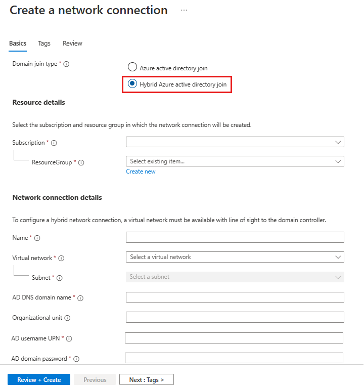 Screenshot that shows the Basics tab on the pane for creating a network connection, including the option for hybrid Azure Active Directory join.