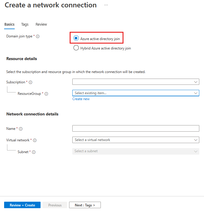 Screenshot that shows the Basics tab on the pane for creating a network connection, including the option for Azure Active Directory join.