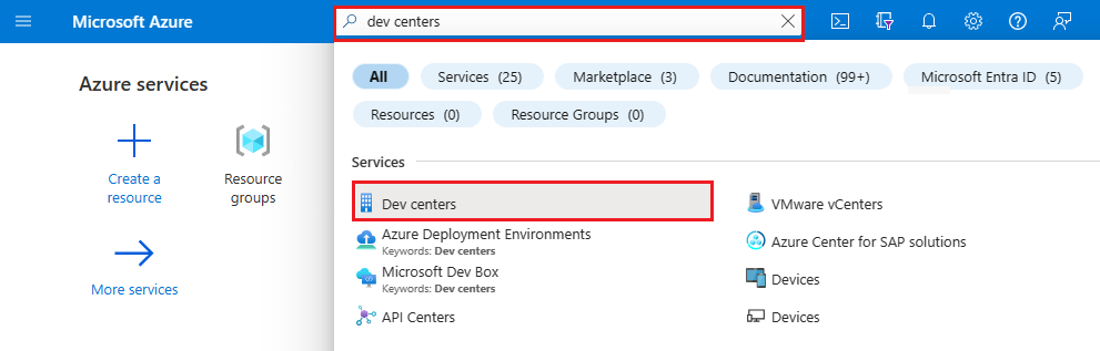 Screenshot showing the Azure portal with the search box and dev centers result highlighted.