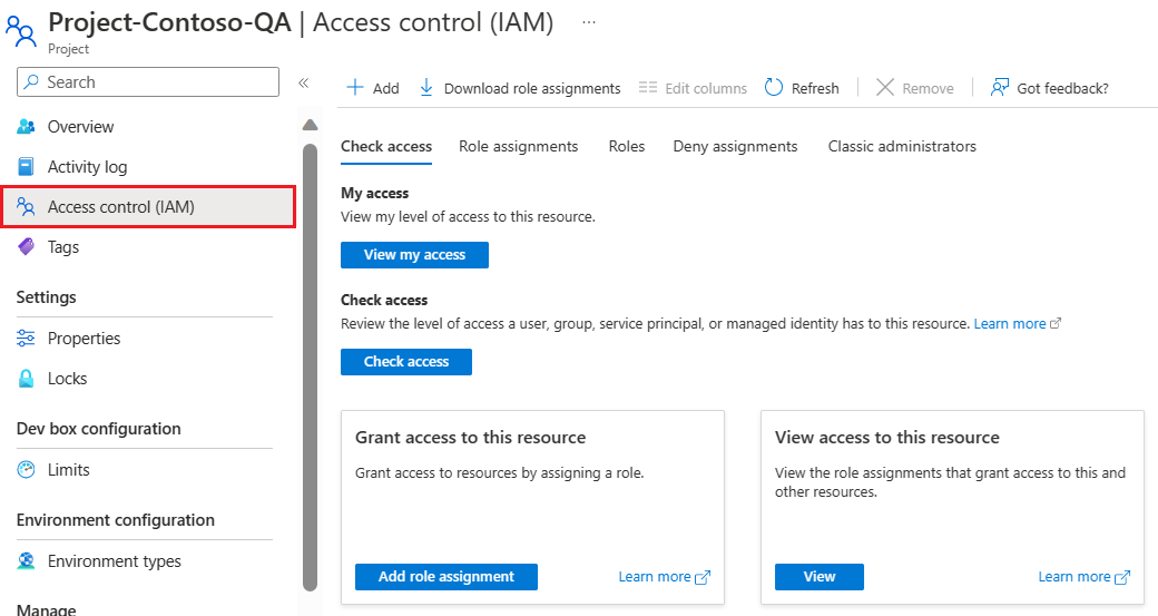 Screenshot that shows the page for project access control.